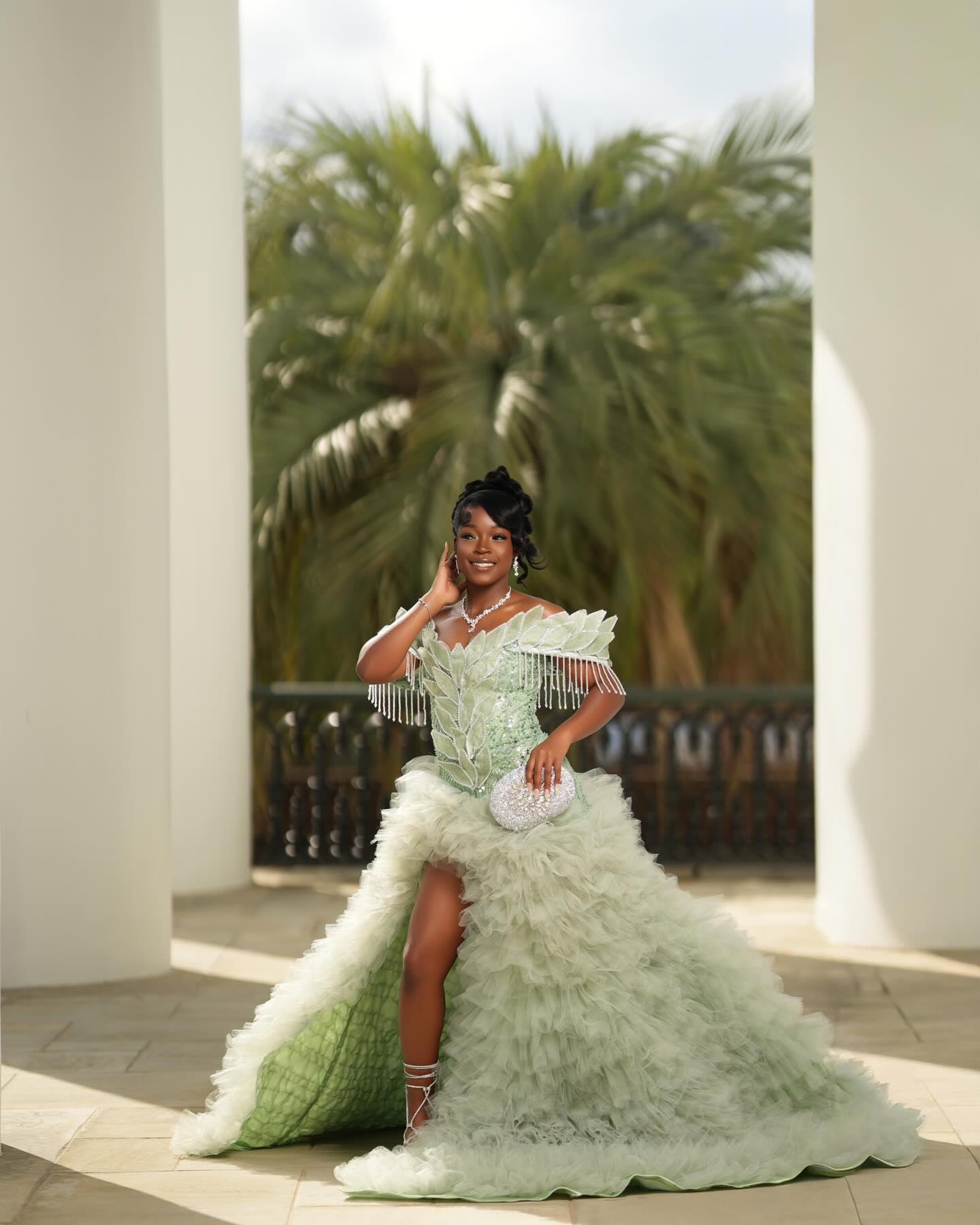 Mint Green Off-Shoulder Sequin Beaded Prom Dress with 3D Leaf Appliqué & Ruffle Tulle Train-LLELLA