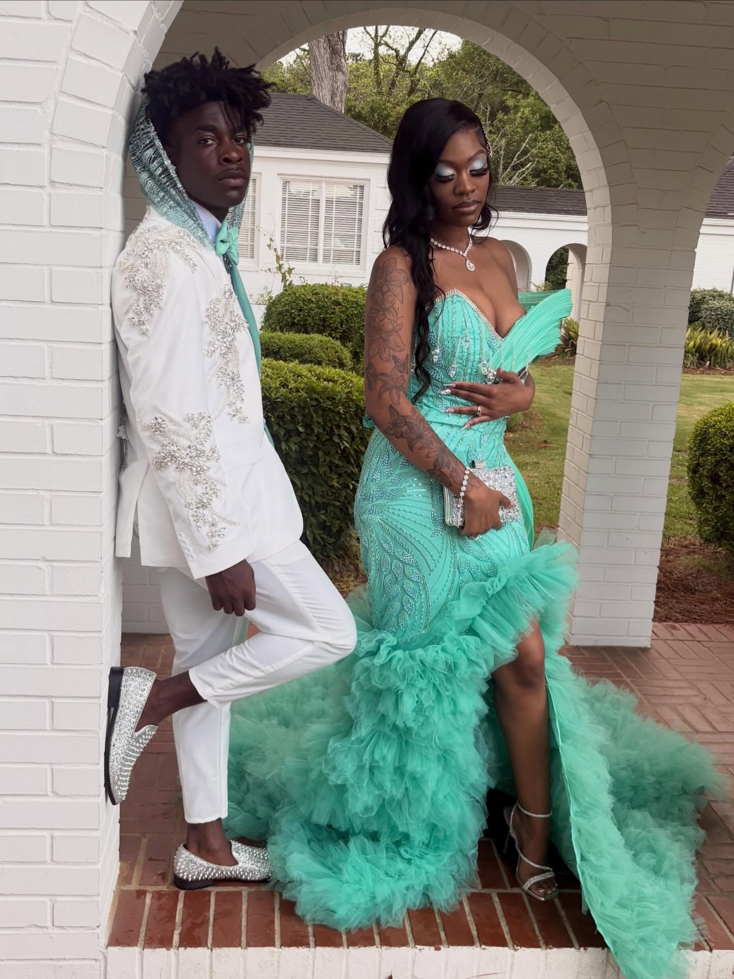 Mint Green Off-Shoulder Sequin Beaded Mermaid Prom Dress with Ruffled Tulle Hi-Lo Train
