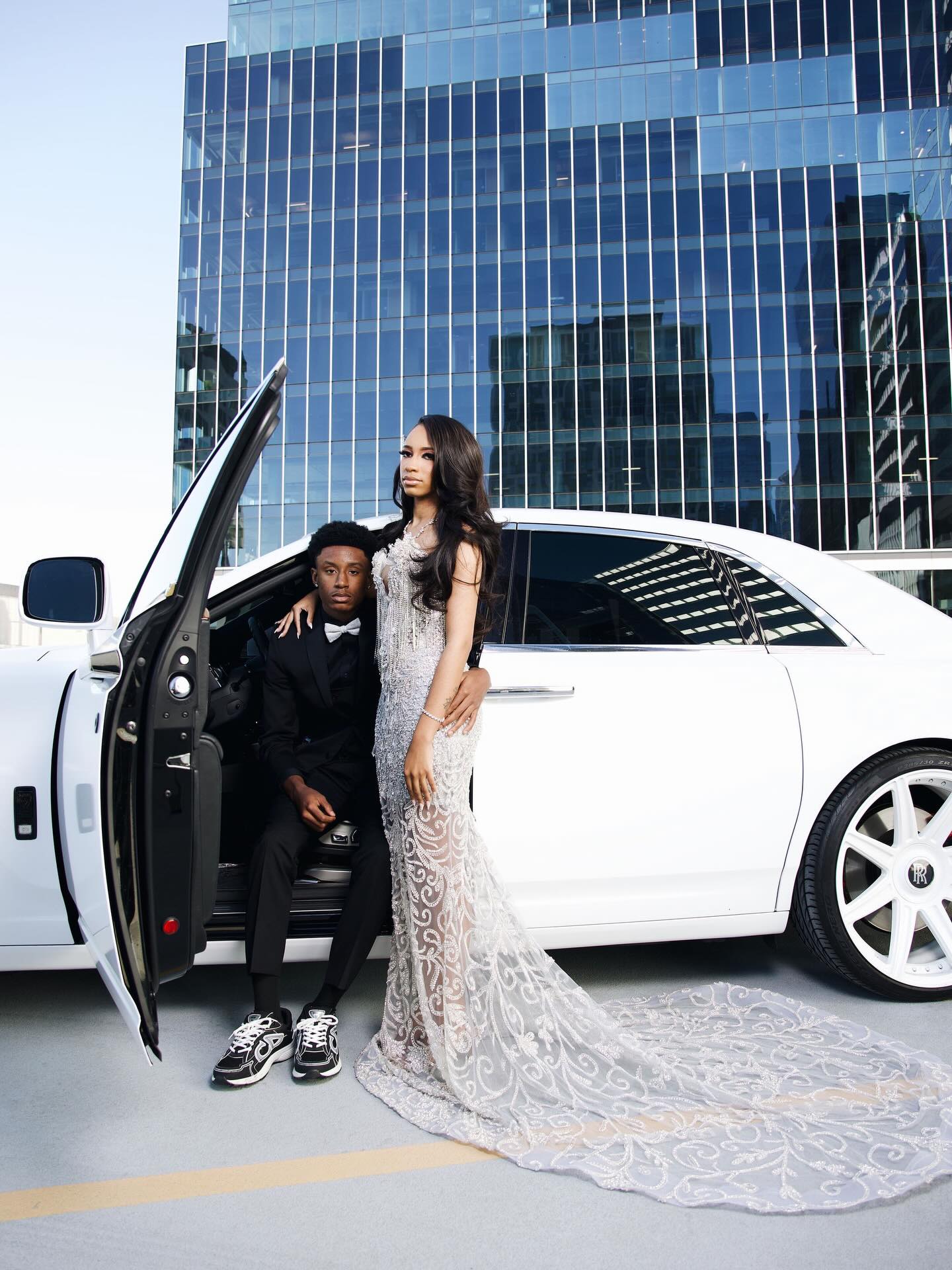 Silver White Sheer Baroque Scroll Lace Crystal Beaded Fringe Chain Mermaid Prom Dress with Cathedral Train