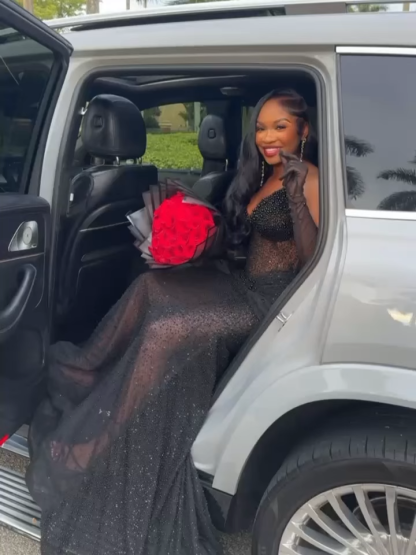 Black Crystal Rhinestone Sheer Mermaid Prom Dress with Gloves