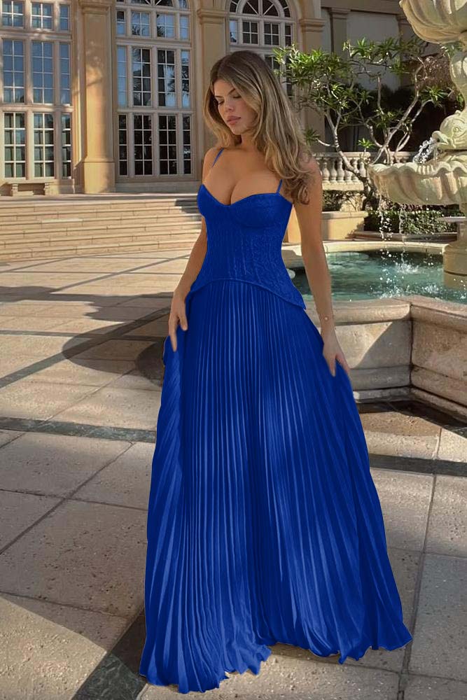 Spaghetti Strap Sleeveless Long Prom Dress With Ruffles Embroidery-LLELLA