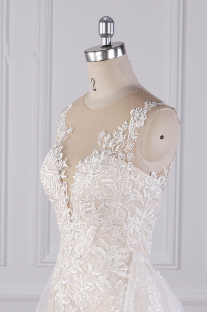 LLELLA Elegant Jewel Tulle Lace Wedding Dress Appliques Sleeveless Mermaid Bridal Gowns Online-LLELLA