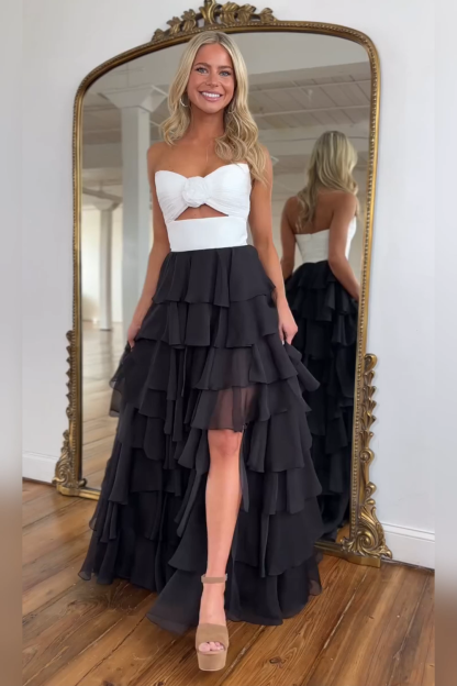 Black Sweetheart Chiffon A-Line Tiered Long Prom Dress with Slit