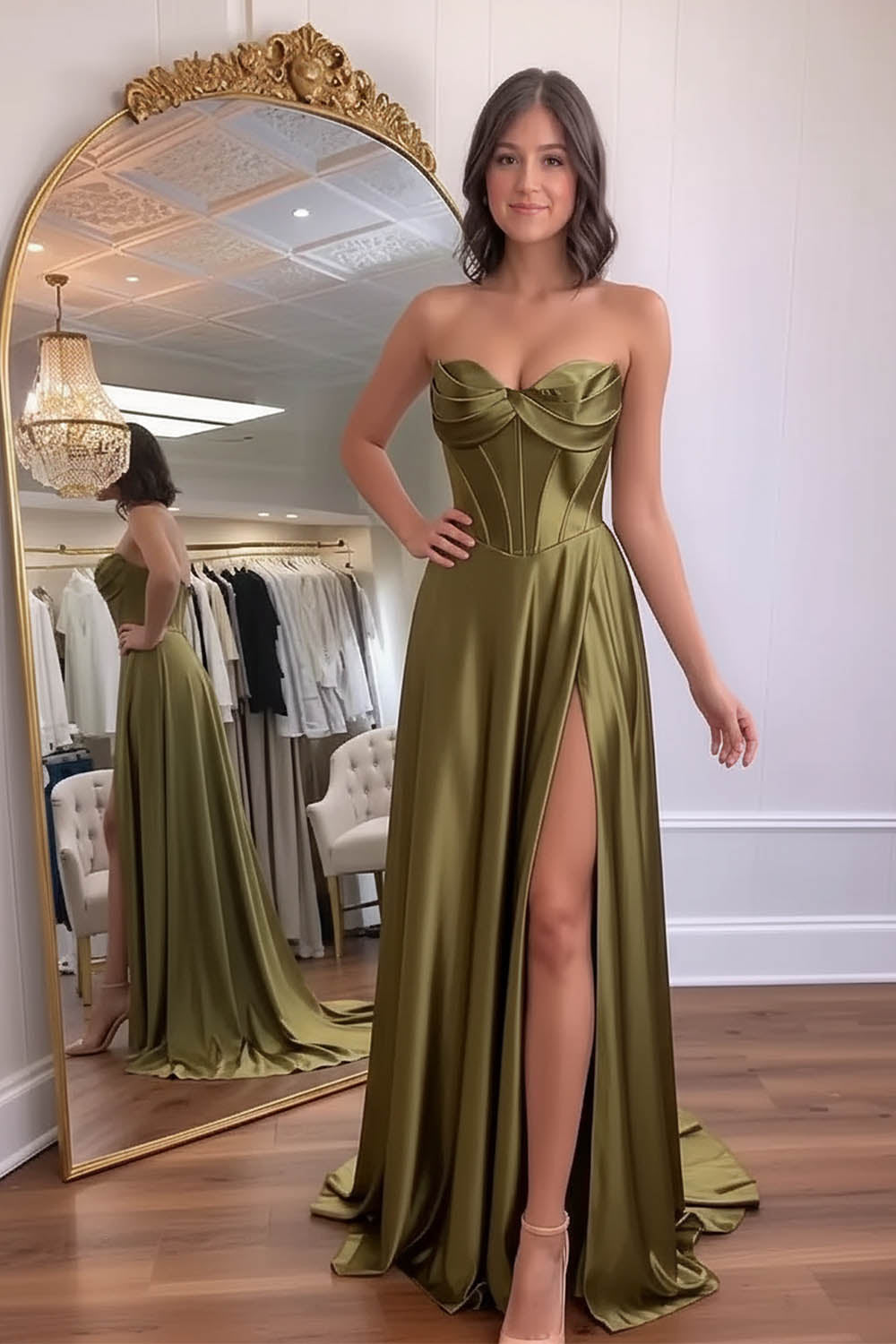 A-Line Strapless Satin Slit Prom Dress-LLELLA