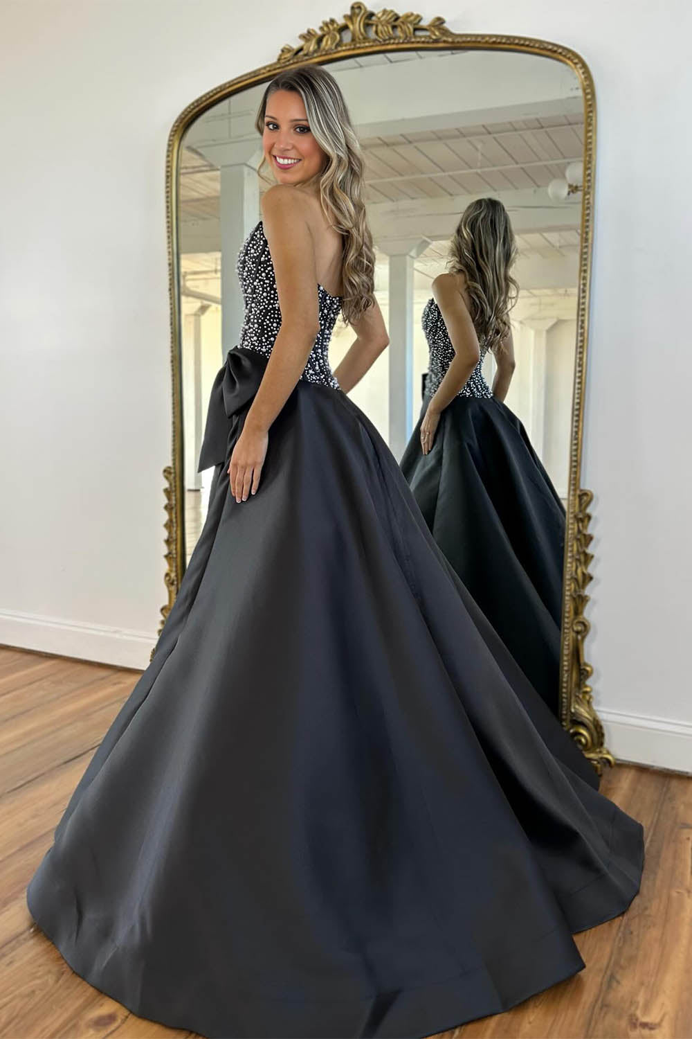 Beading Strapless Prom Gown with Bow-LLELLA