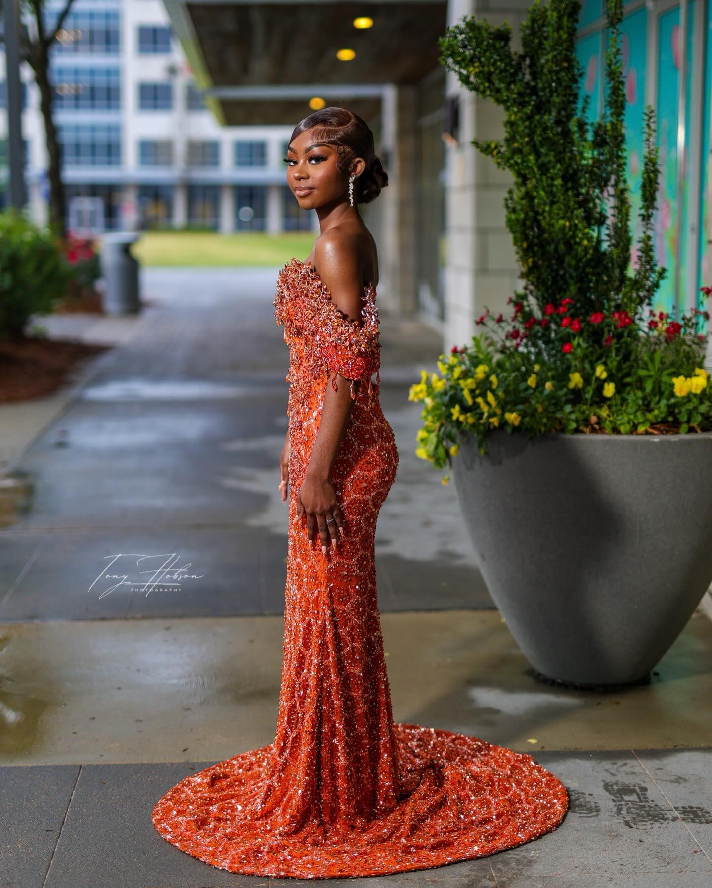 Burnt Orange Off-Shoulder Sequin Beaded Mermaid Gown