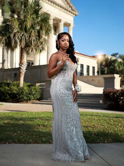 Silver Ice Blue Strapless Sweetheart Crystal Beaded Corset Mermaid Prom Dress