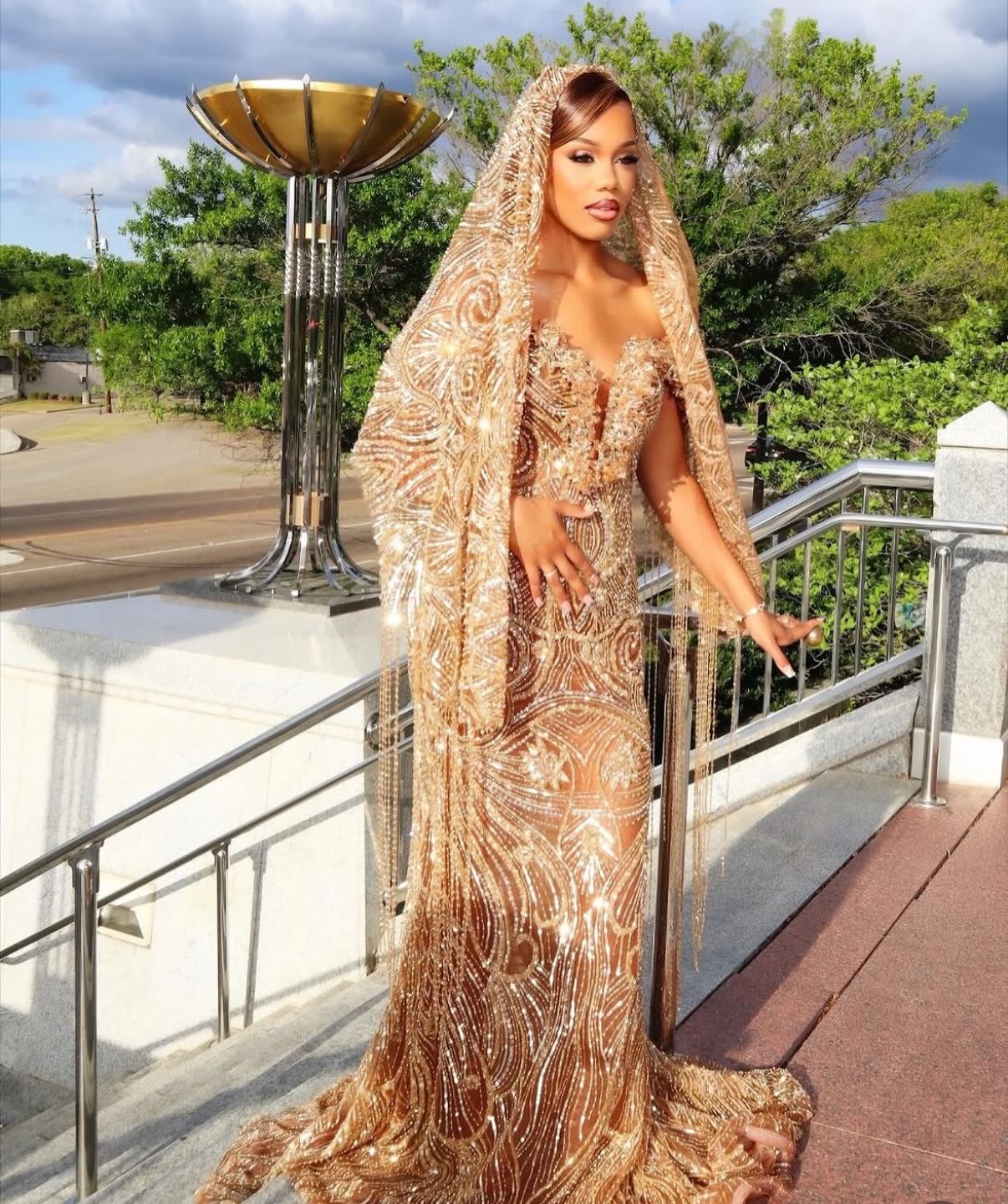 Champagne Gold Art Deco Crystal Beaded Mermaid Prom Dress with Veil & Crystal Fringe-LLELLA