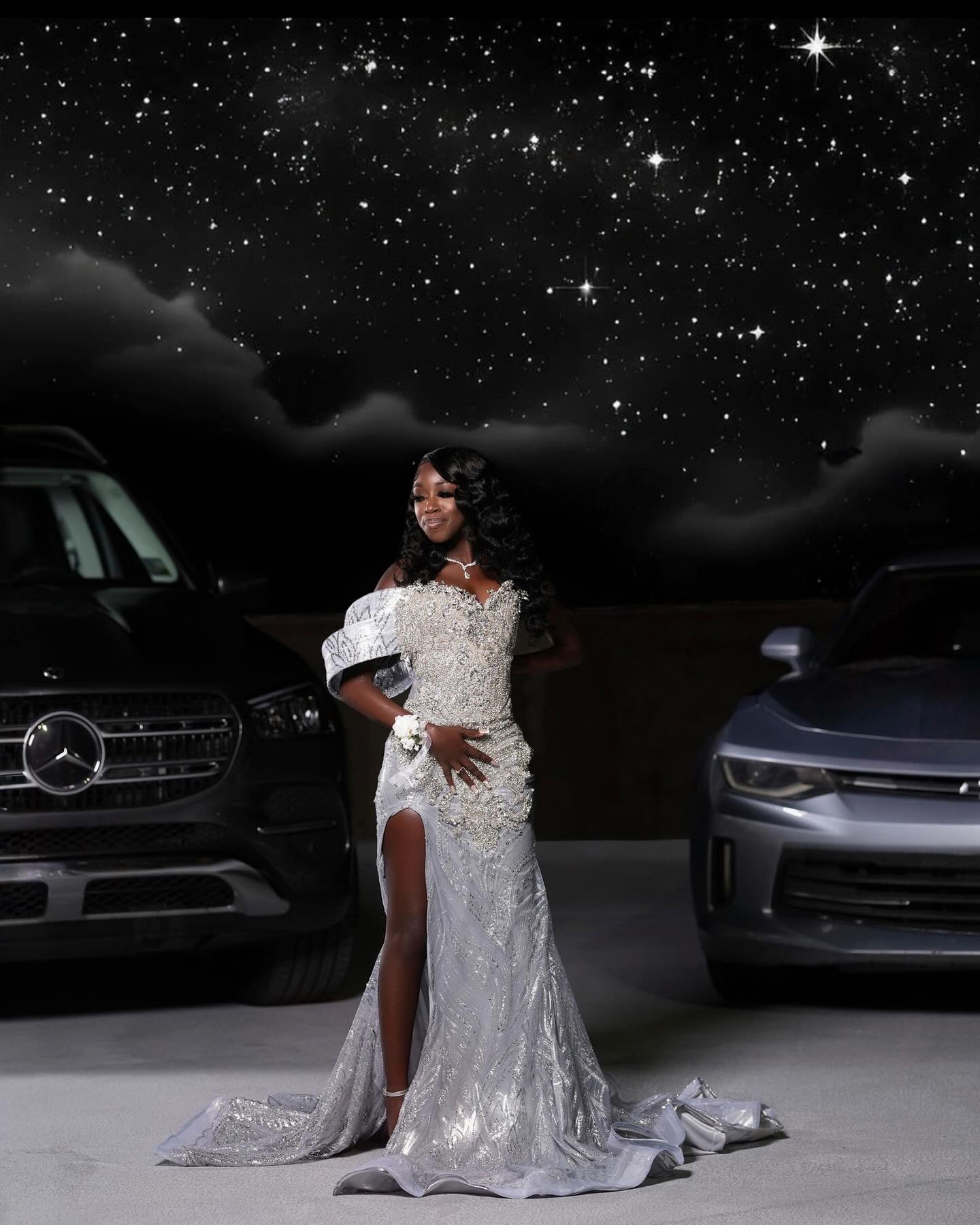 Starlight Dream - Silver Crystal Beaded Off-Shoulder Mermaid Prom Dress with Thigh Slit-LLELLA