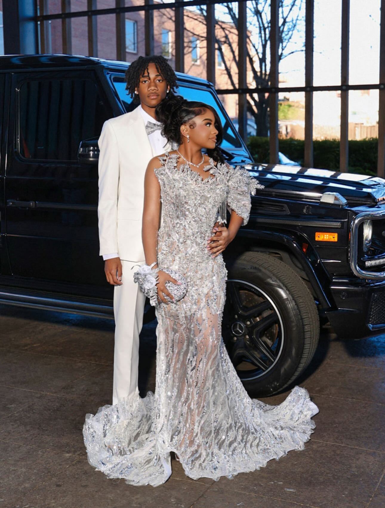 Keep It Classy – Silver Grey Illusion Sequin Lace Mermaid Prom Dress with 3D Crystal Shoulders