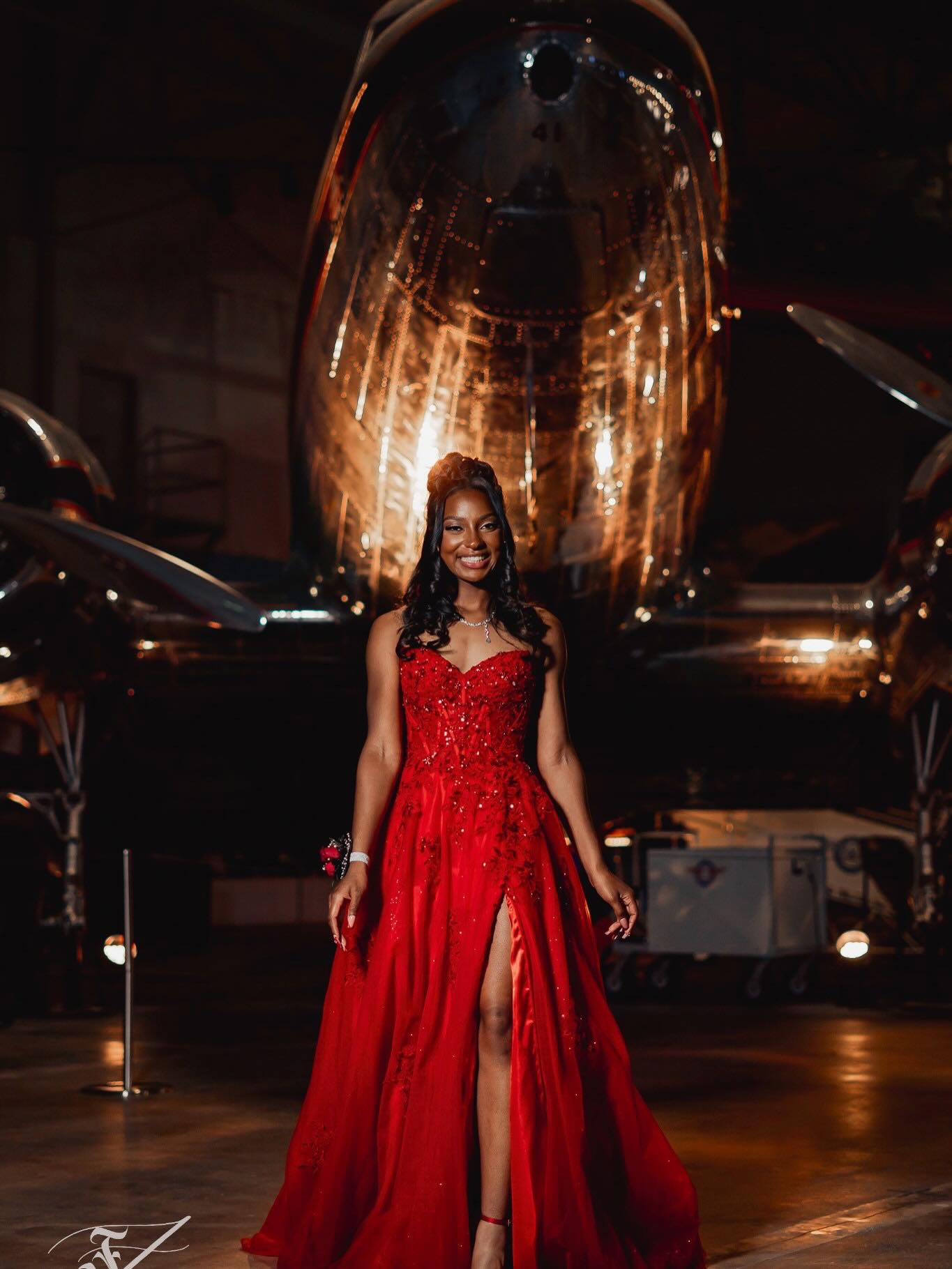 Red Sequin Beaded Strapless A-Line Prom Dress with 3D Floral Appliqué & High Slit