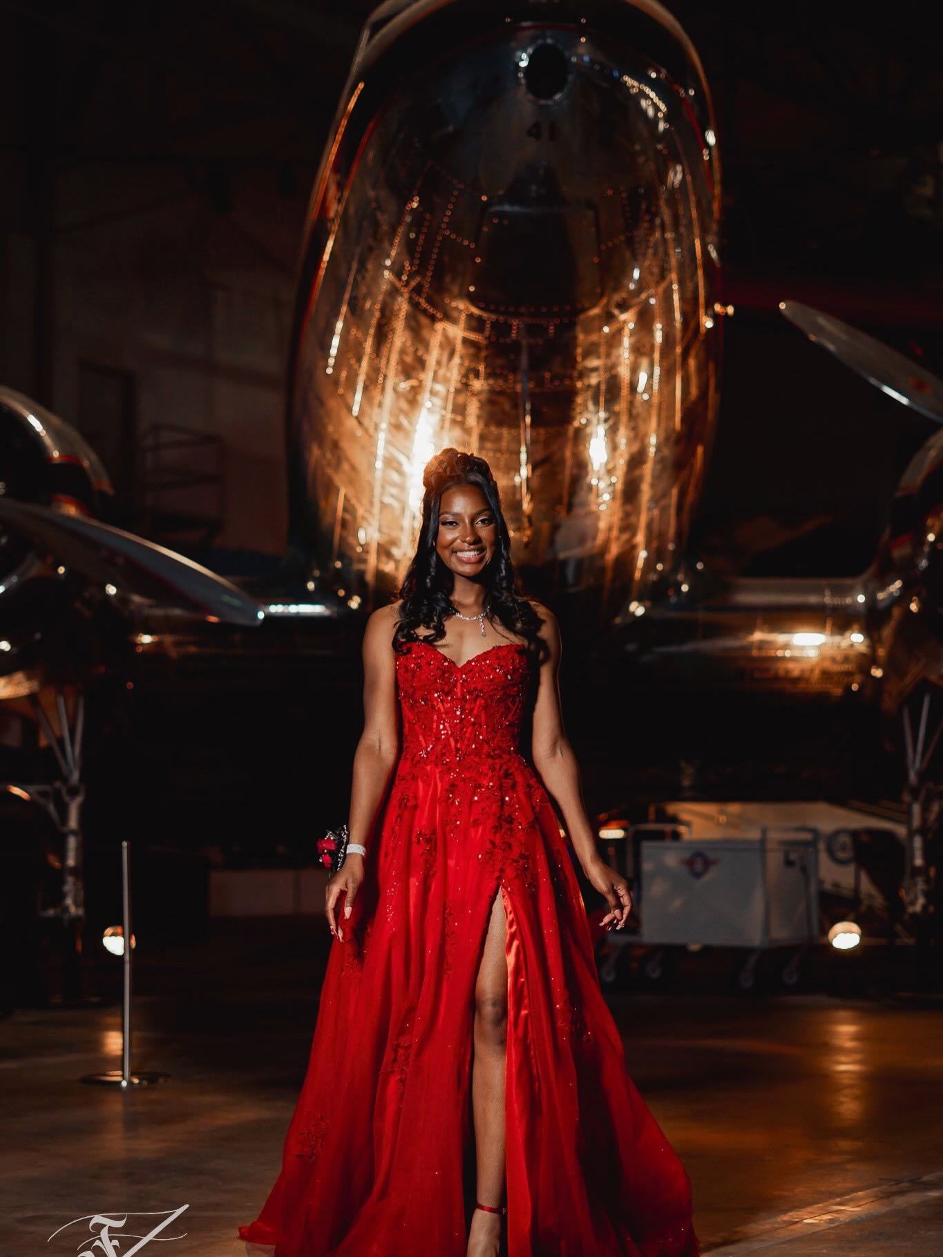 Red Sequin Beaded Strapless A-Line Prom Dress with 3D Floral Appliqué & High Slit