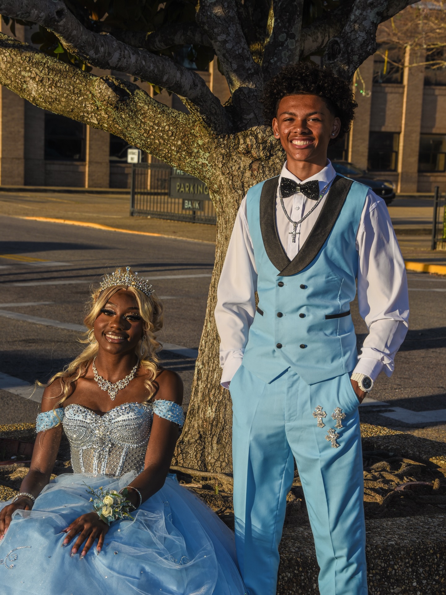 Blue Crystal Beaded Strapless Mermaid Prom Dress with 3D Floral Appliqué & Ruffle Skirt