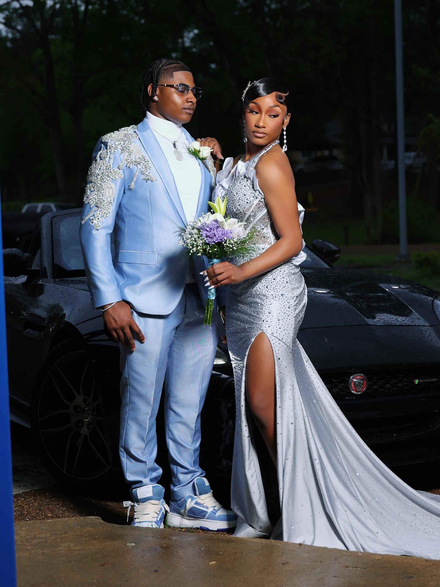 Silver Crystal Rhinestone Mermaid Prom Dress with Sheer Corset Bodice & High Slit-LLELLA