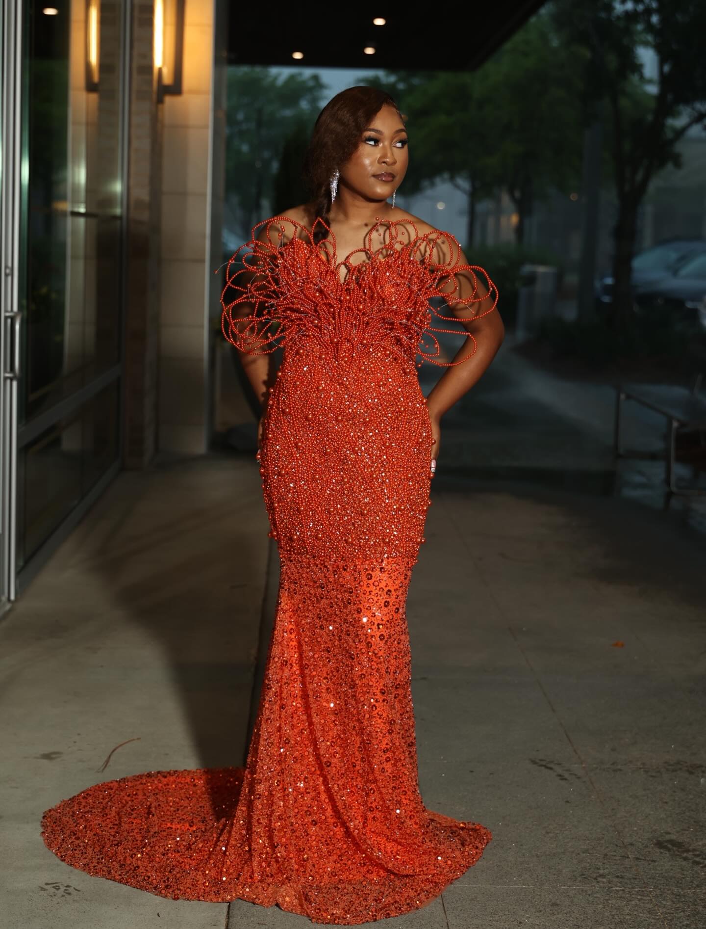 Burnt Orange 3D Spiral Beaded Tendril Off-Shoulder Crystal Mermaid Prom Dress-LLELLA
