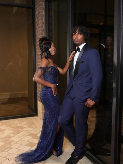 Navy Blue Off-Shoulder Sequin Beaded Mermaid Prom Dress with Crystal Fringe Details