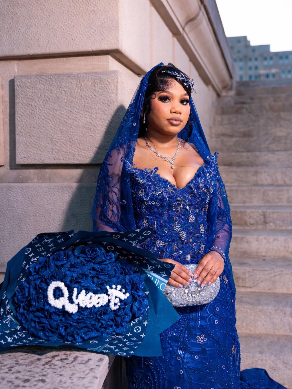 Royal Blue 3D Rose Floral Crystal Beaded Long Sleeve Mermaid Prom Dress with Custom Cathedral Train and Veil