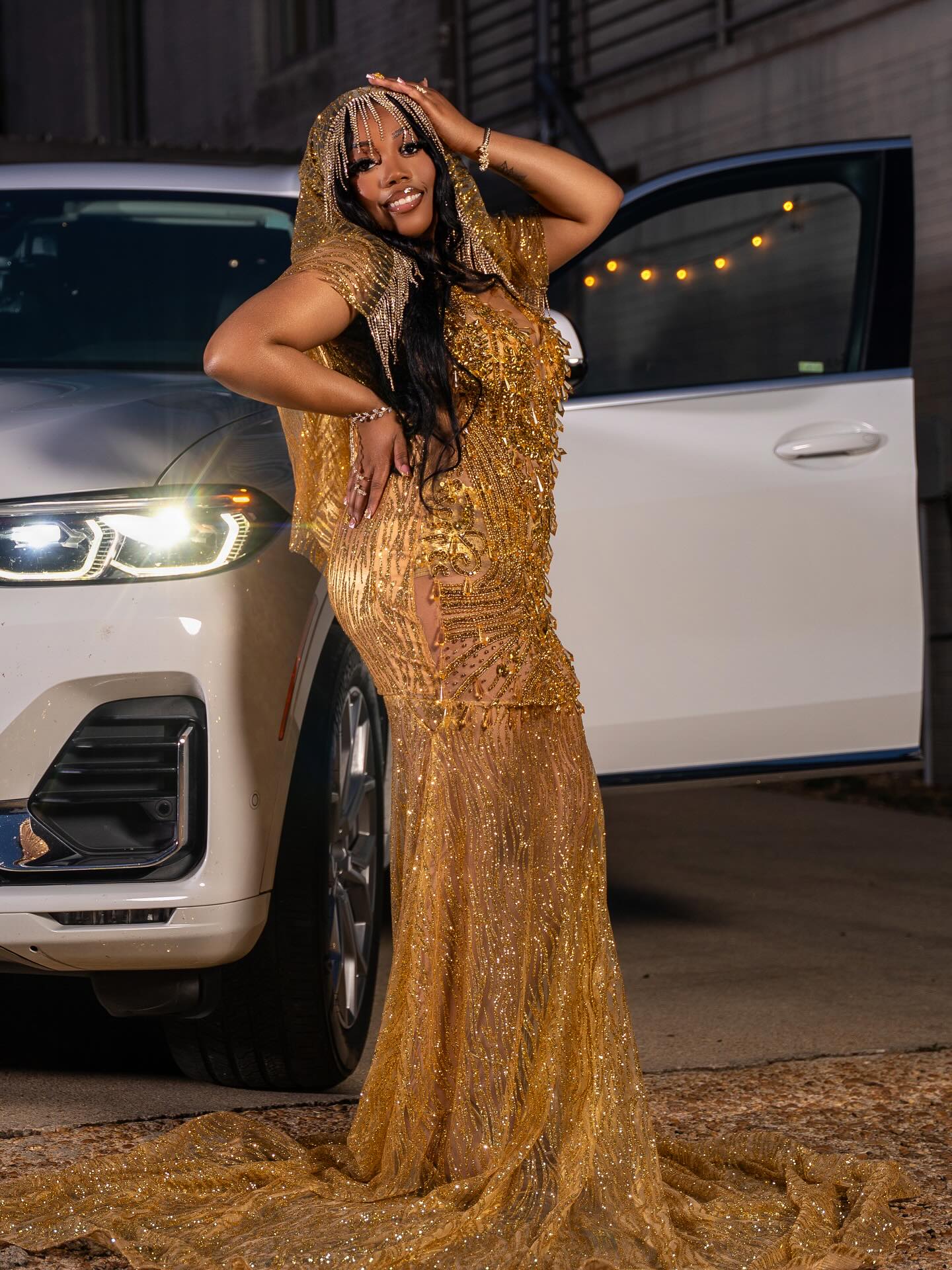 Gold Sequin Beaded Sheer Mermaid Prom Dress with Crystal Fringe Cap Sleeves & Cathedral Train