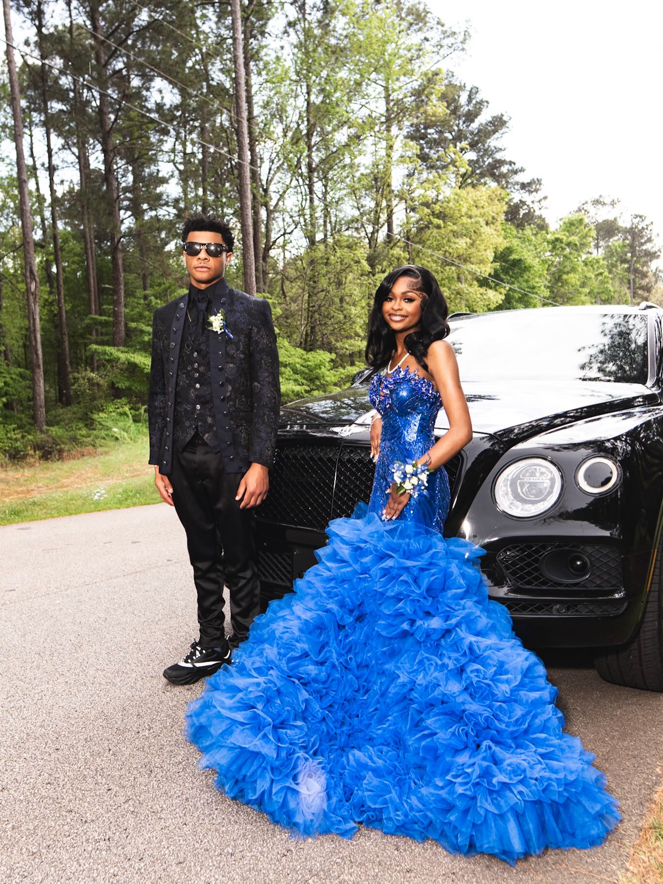 Royal Blue Crystal Beaded Strapless Mermaid Prom Dress with 3D Floral Appliqué & Ruffle Skirt