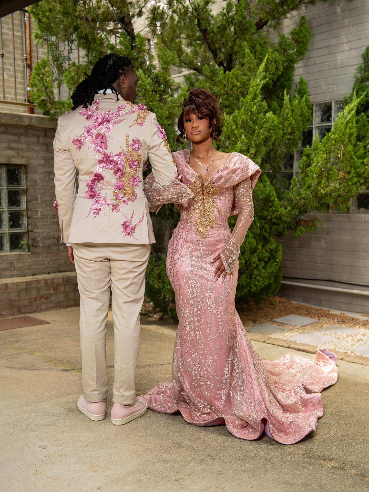 Blush Pink Gold Sequin Lace Off-Shoulder Long Sleeve Mermaid Prom Dress with 3D Floral Bodice