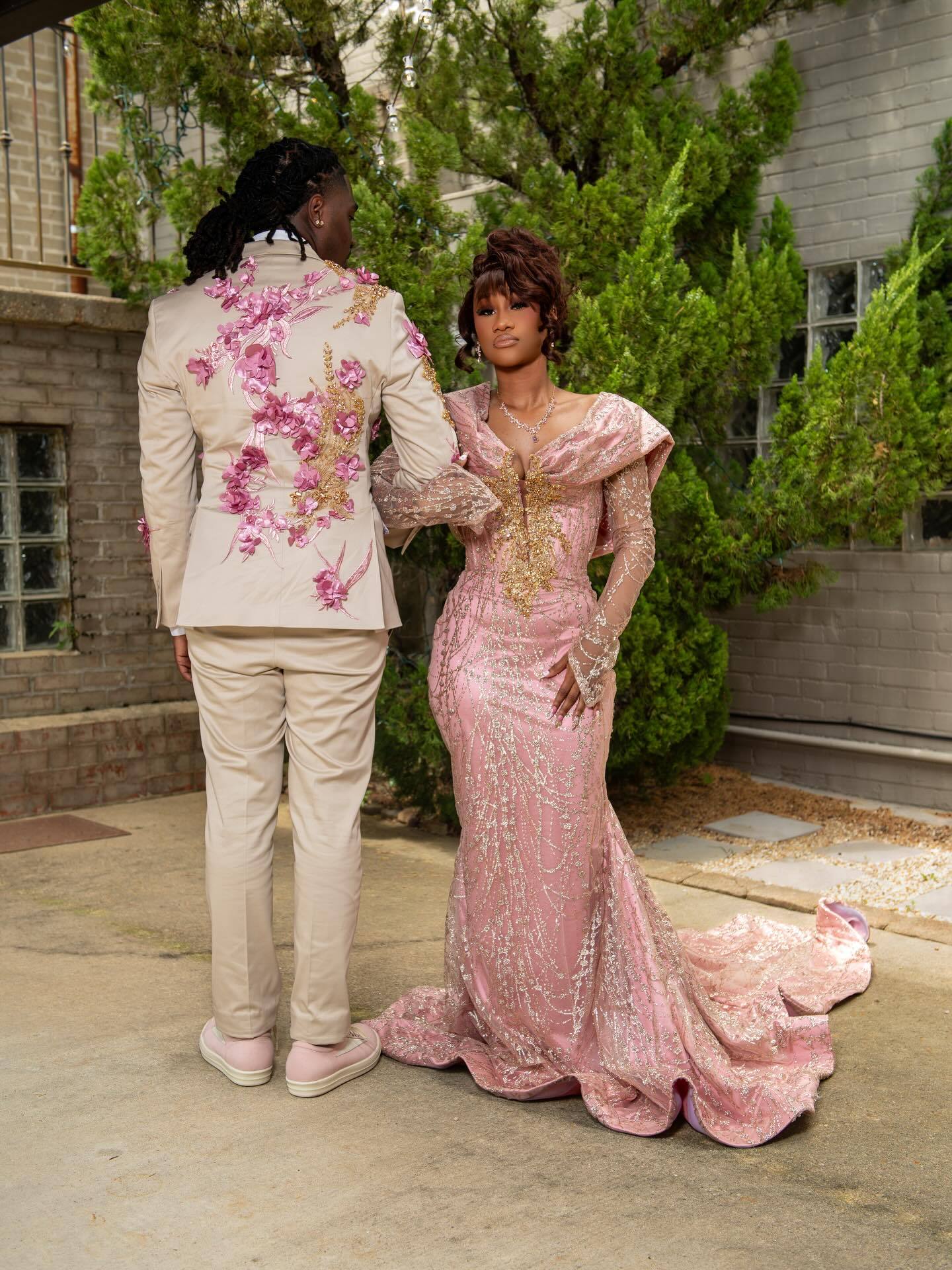 Blush Pink Gold Sequin Lace Off-Shoulder Long Sleeve Mermaid Prom Dress with 3D Floral Bodice