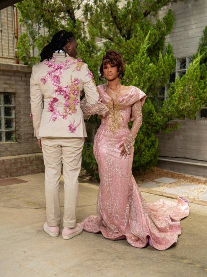 Blush Pink Gold Sequin Lace Off-Shoulder Long Sleeve Mermaid Prom Dress with 3D Floral Bodice