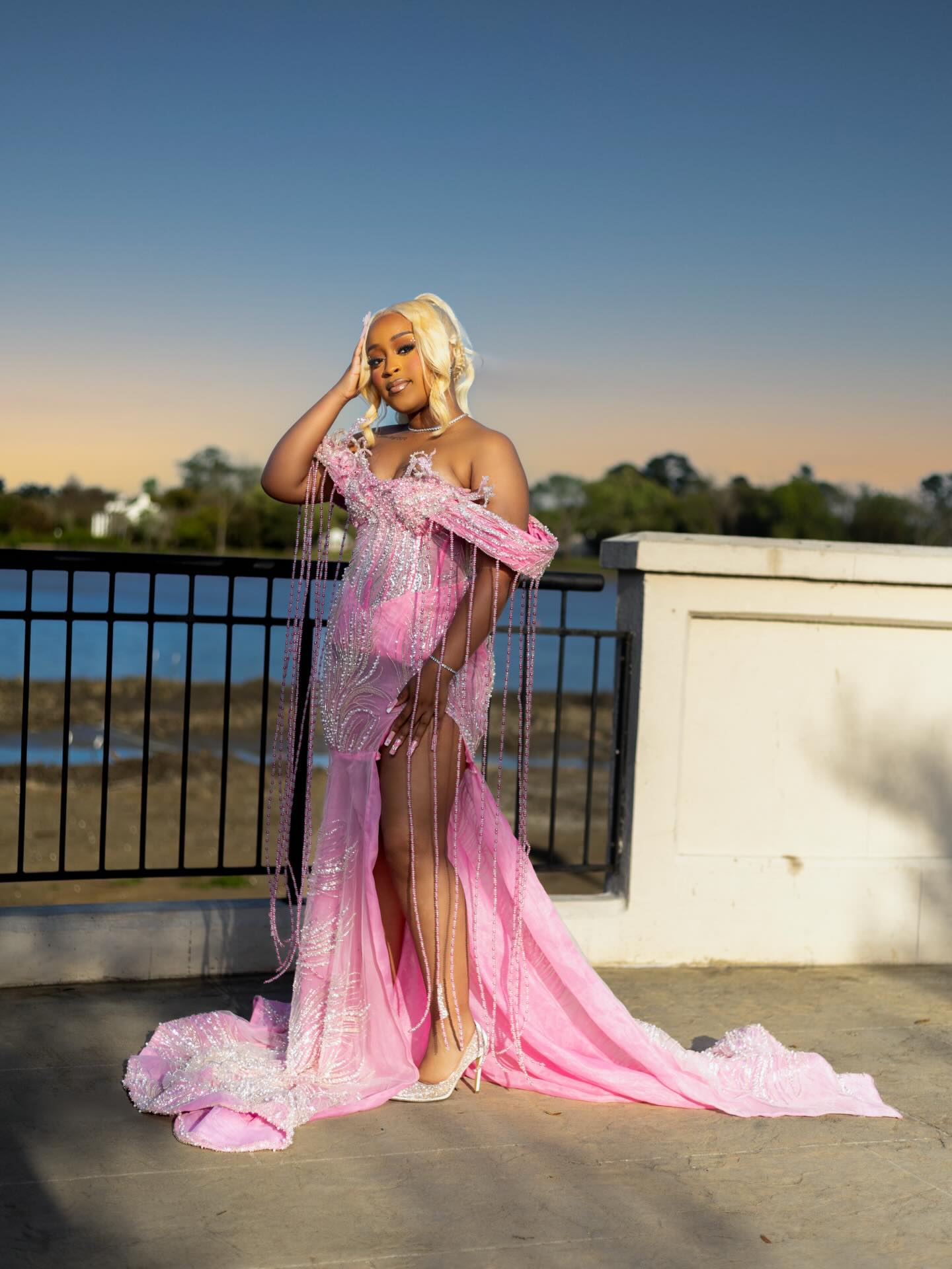 Pink Sequin Beaded Mermaid Prom Dress with Fringe Details-LLELLA