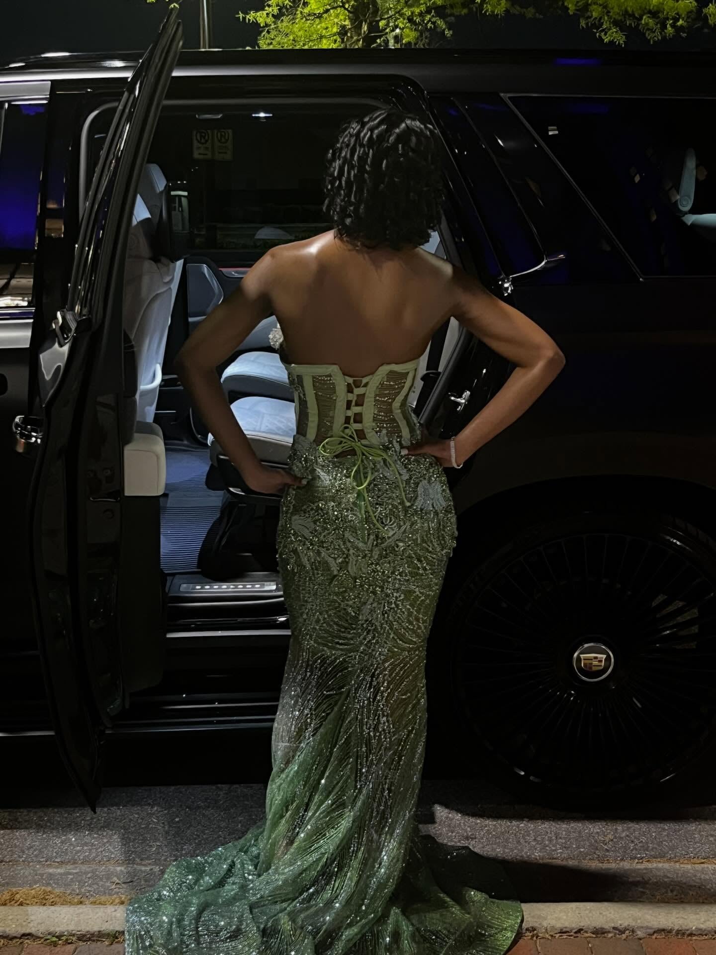 Emerald Enchantress – Sage Green Gold Crystal Beaded Strapless Mermaid Prom Dress with 3D Floral Corset & Lace-Up Back-LLELLA