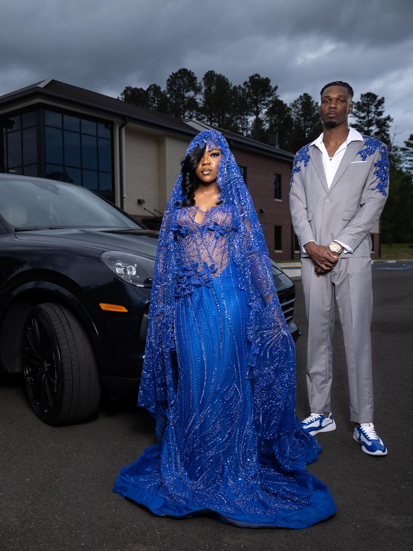 Royal Blue Sequin Beaded Mermaid Prom Dress with Detachable Cape | BK4743