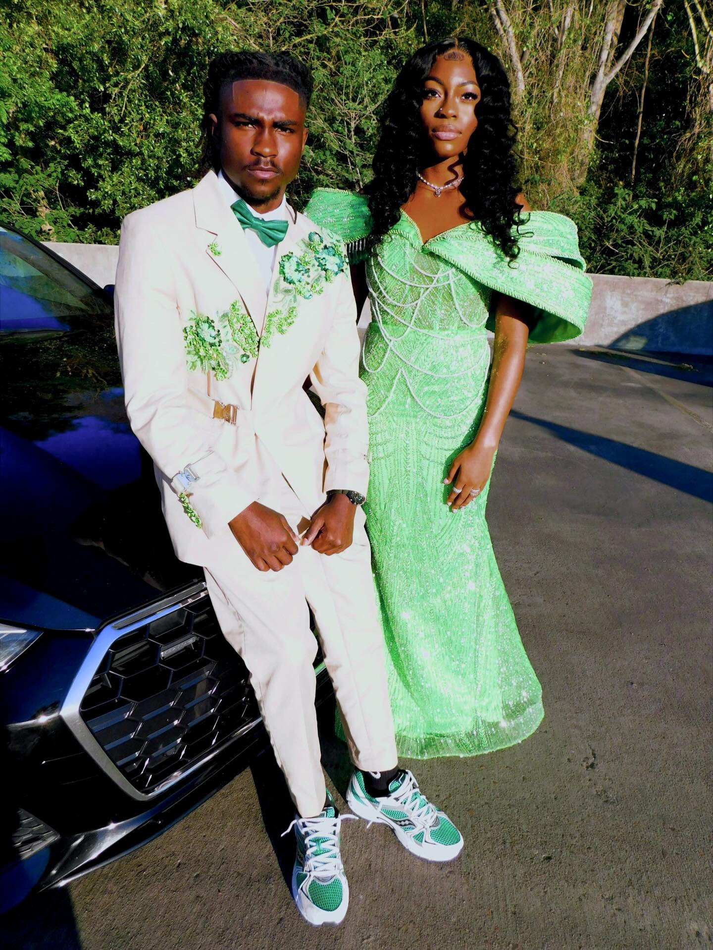 Lime Green Gold Off-Shoulder Fringe Puff Sleeve Pearl Chain Drape Crystal Beaded Mermaid Prom Dress
