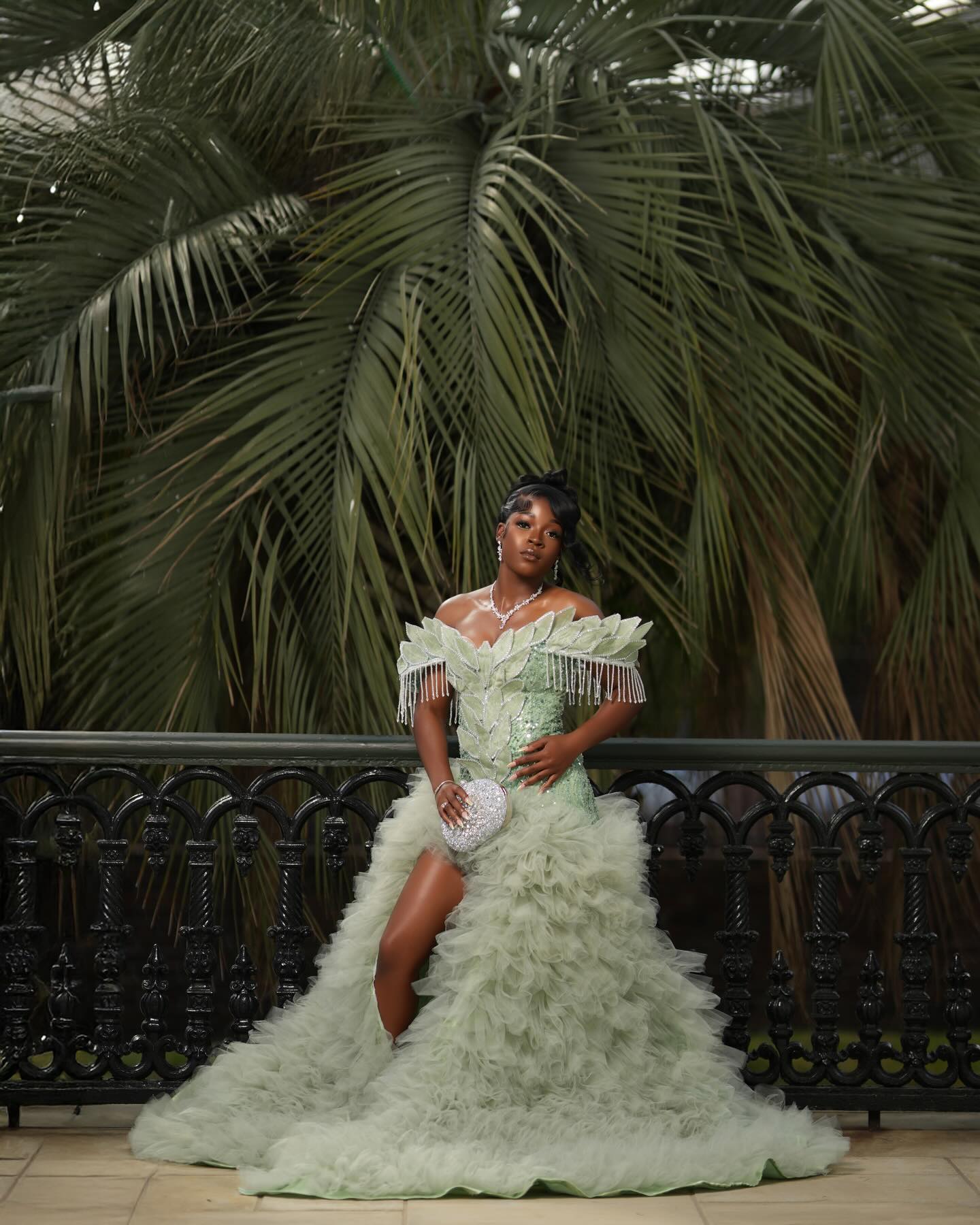 Mint Green Off-Shoulder Sequin Beaded Prom Dress with 3D Leaf Appliqué & Ruffle Tulle Train-LLELLA