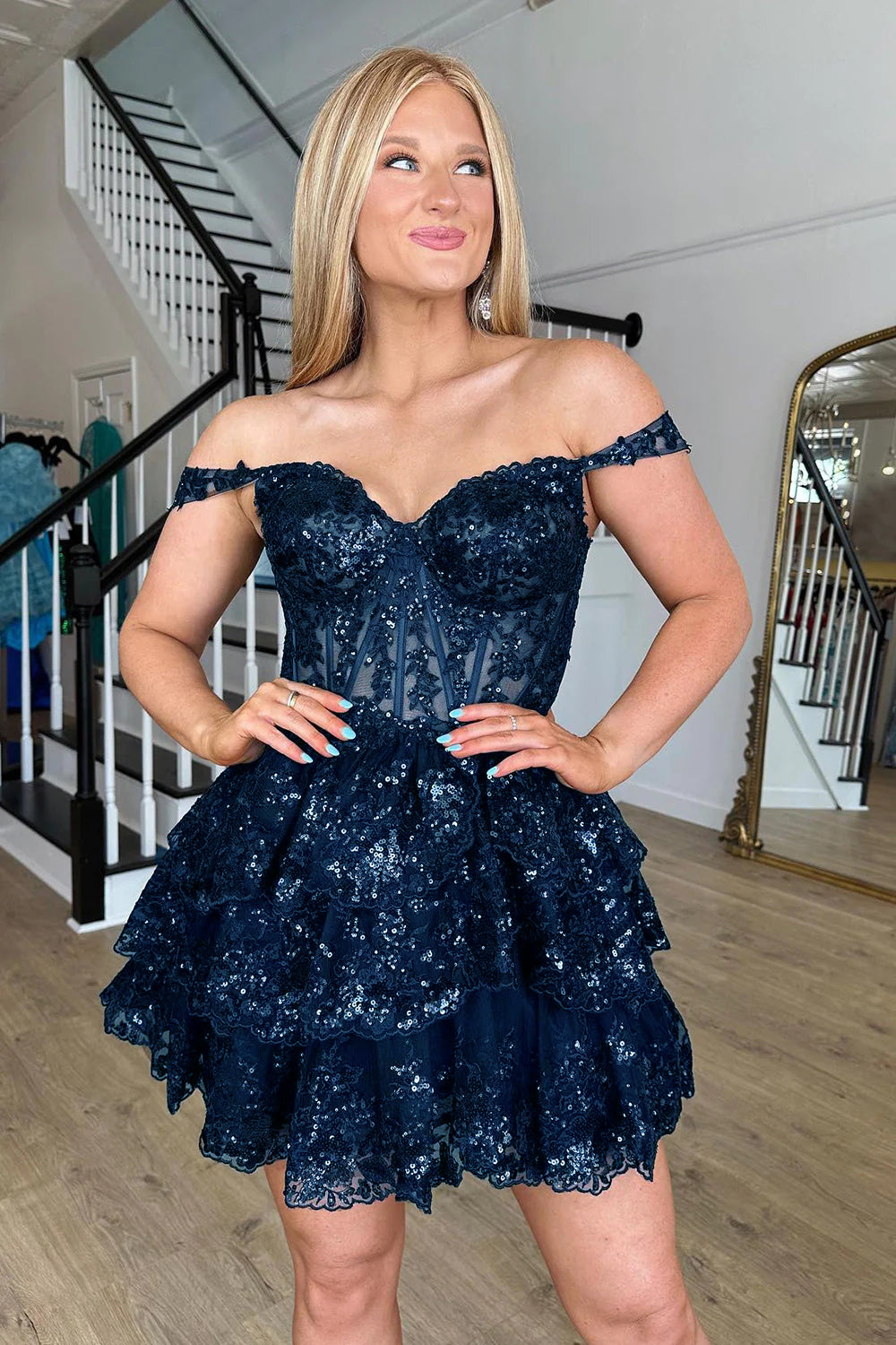 Sparkly A Line Off the Shoulder Navy Corset Homecoming Dress with Tiered Lace