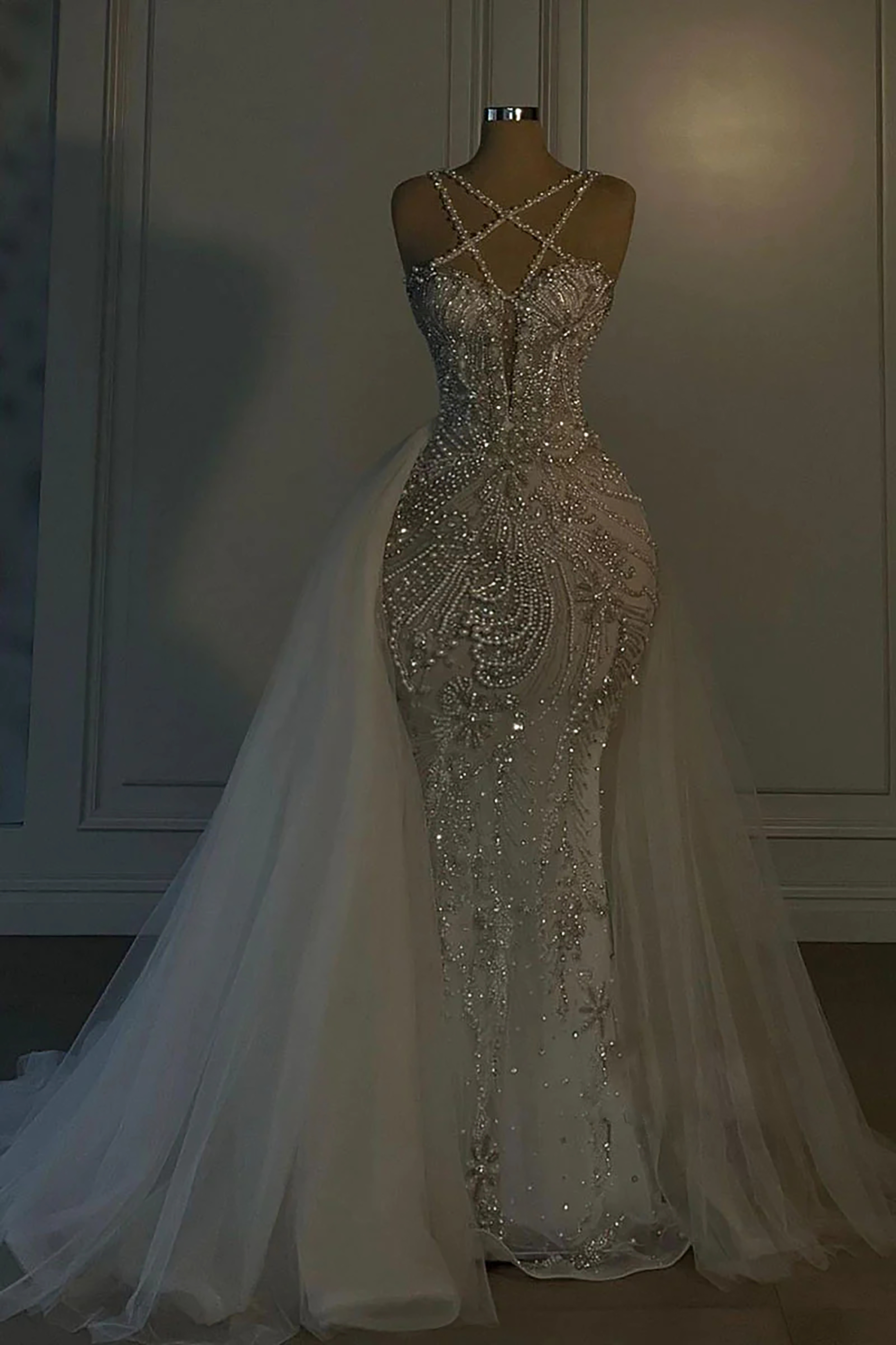 Heavy Mermaid Wedding Dress V-neck Spaghetti Strap Long With Beadings-LLELLA