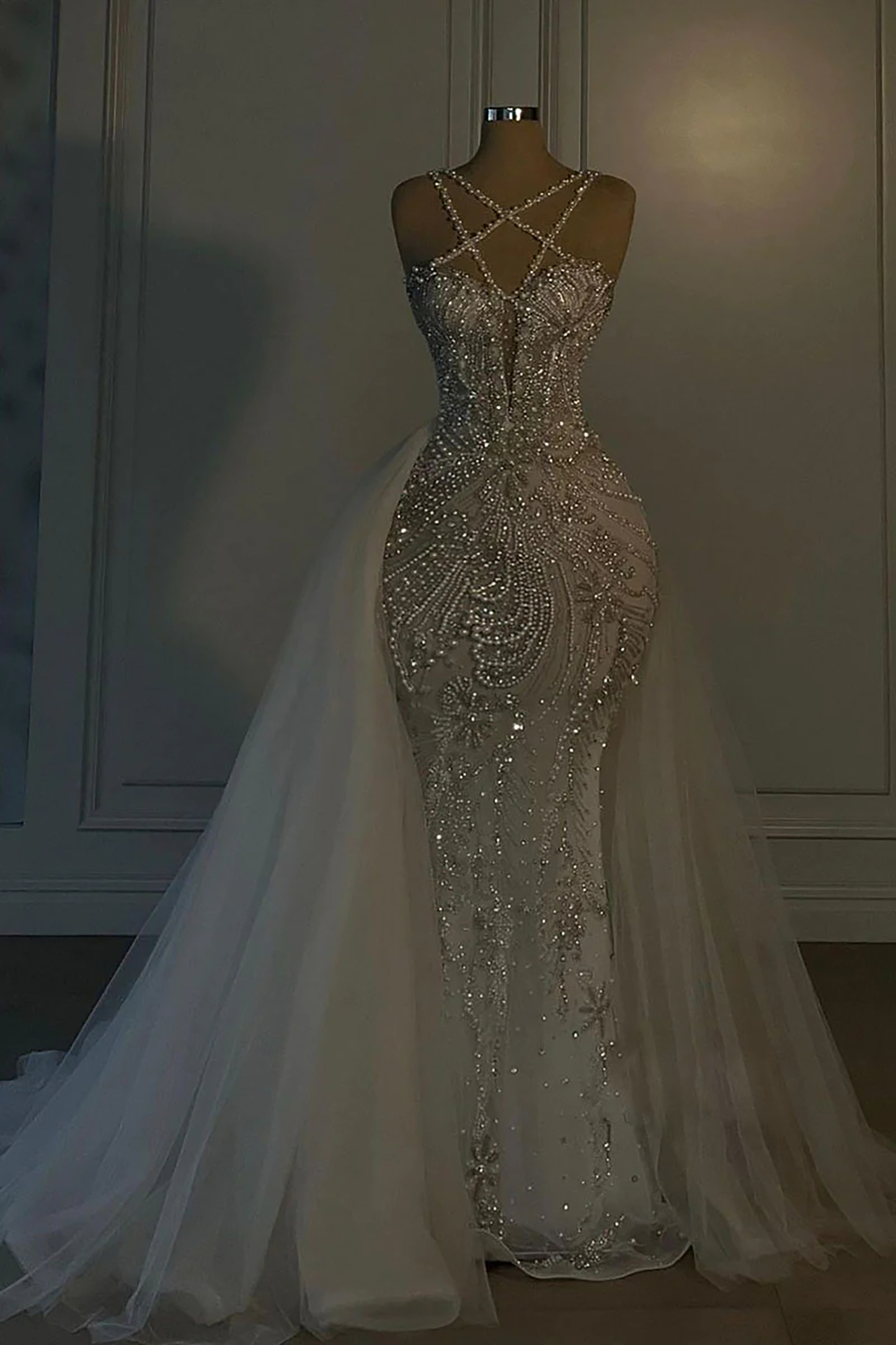 Heavy Mermaid Wedding Dress V-neck Spaghetti Strap Long With Beadings-LLELLA