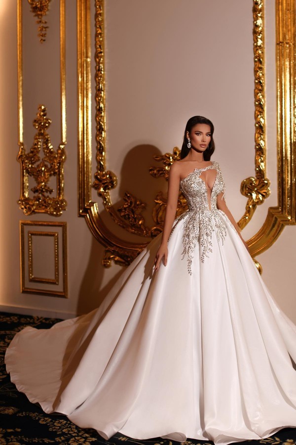 LLELLA One Shoulder Long Sleeves Princess Wedding Dress With Beads-LLELLA