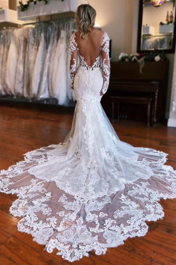 LLELLA Long Sleeves Lace Wedding Dress Mermaid Overskirt On Sale-LLELLA