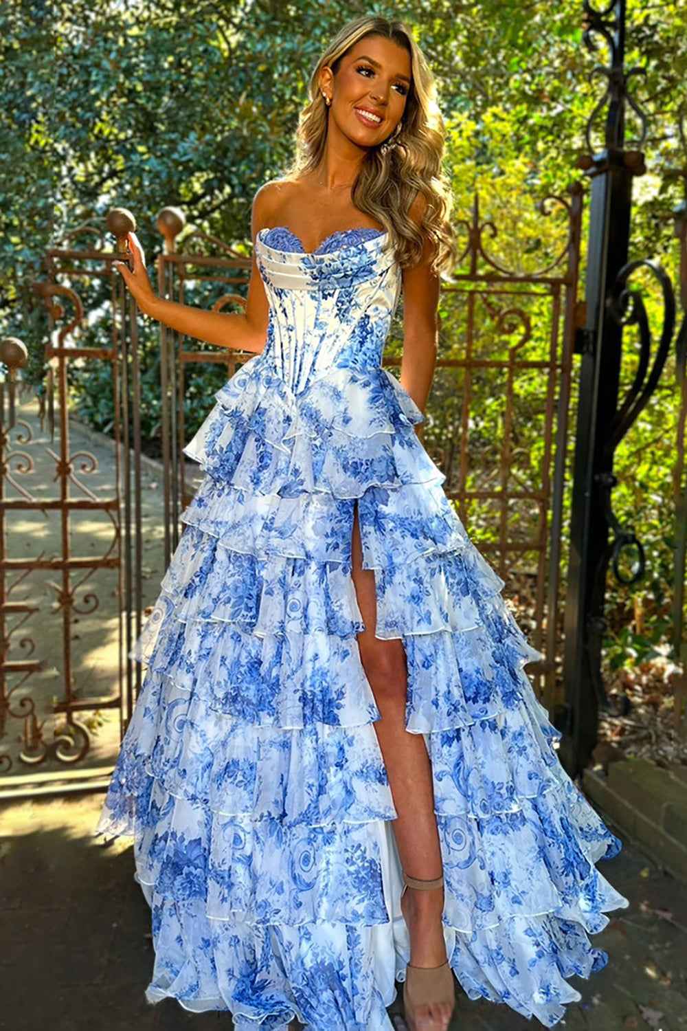 Blush Sweetheart A-Line Chiffon Floral Ruffled Long Corset Prom Dress with Slit-LLELLA