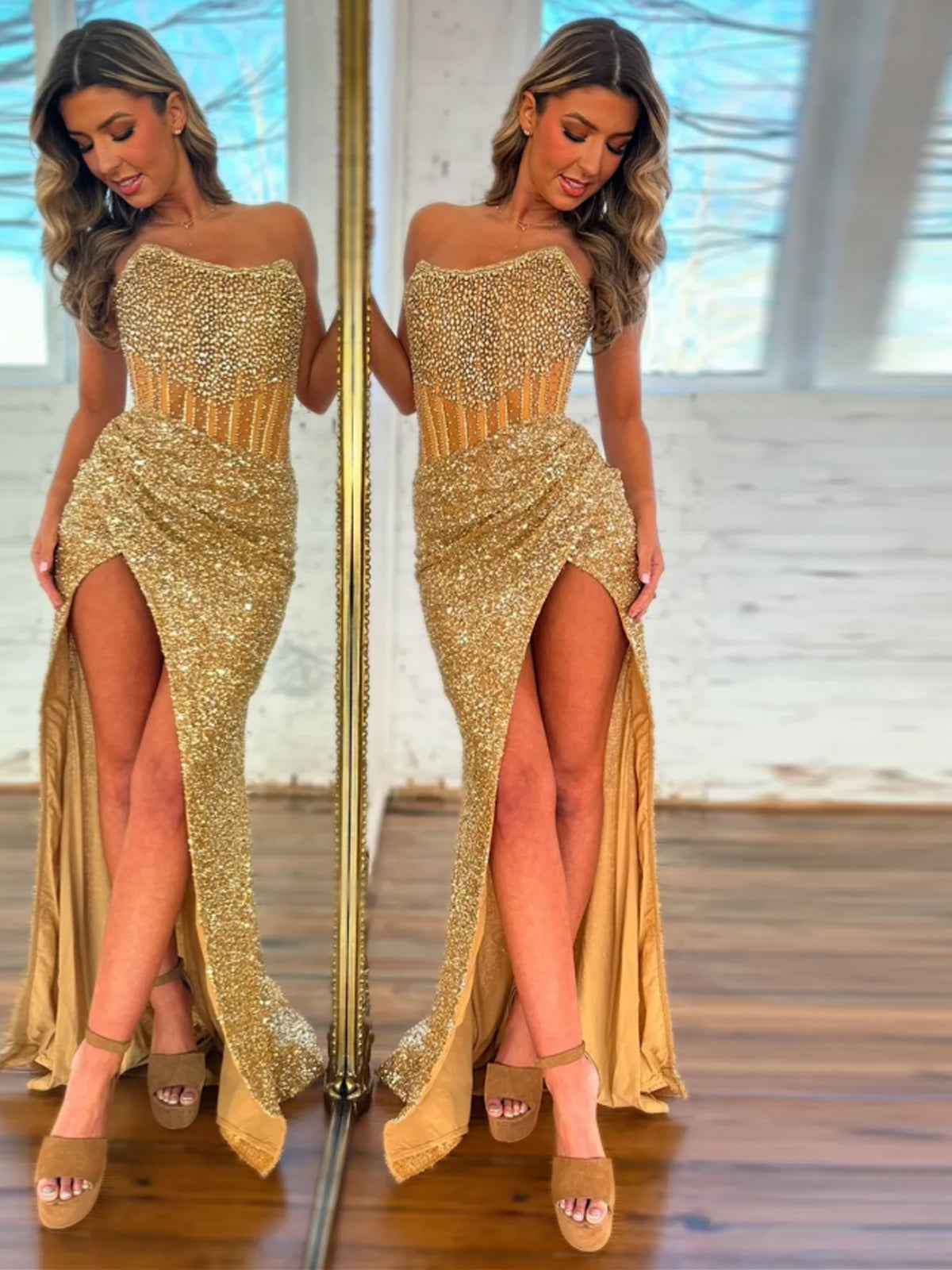 Gorgeous Sparkly Strapless Long Mermaid Prom Dress with Slit-LLELLA