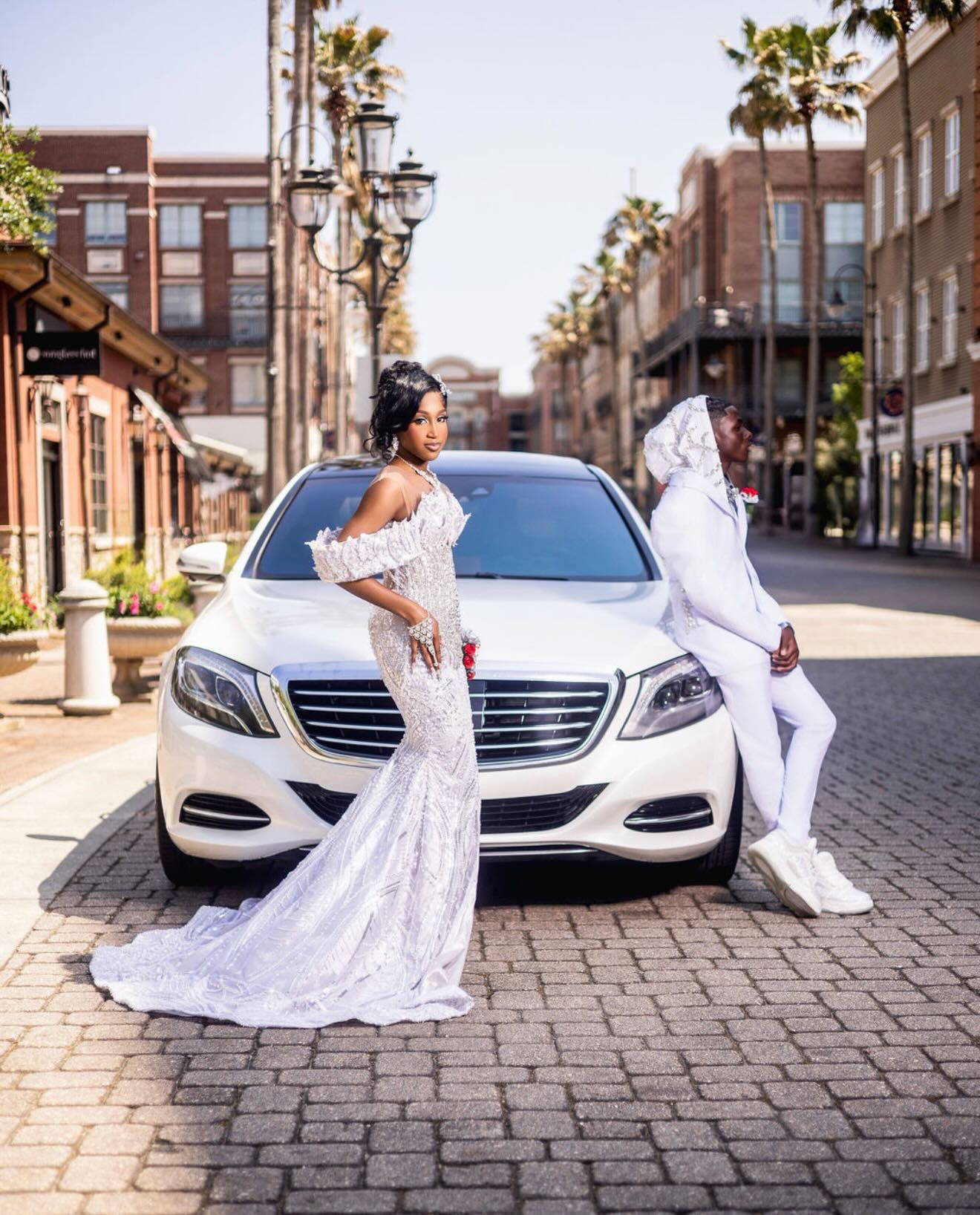 White Off-Shoulder 3D Floral Crystal Beaded Mermaid Prom Dress with High Slit and Sweep Train