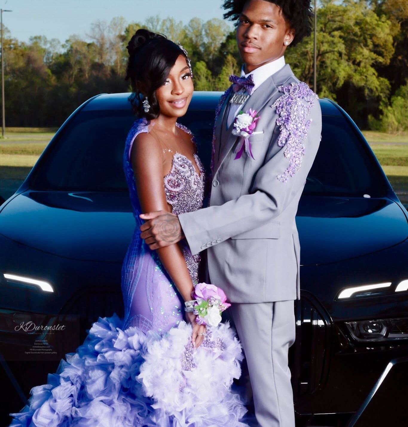 Lavender Dream - Purple Crystal Beaded Sheer Bodice Prom Dress with Ruffle Feather Skirt-LLELLA