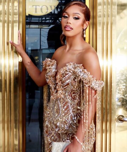 Prom '26 – Champagne Gold Art Deco Crystal Beaded Mermaid Prom Dress with Veil & Crystal Fringe