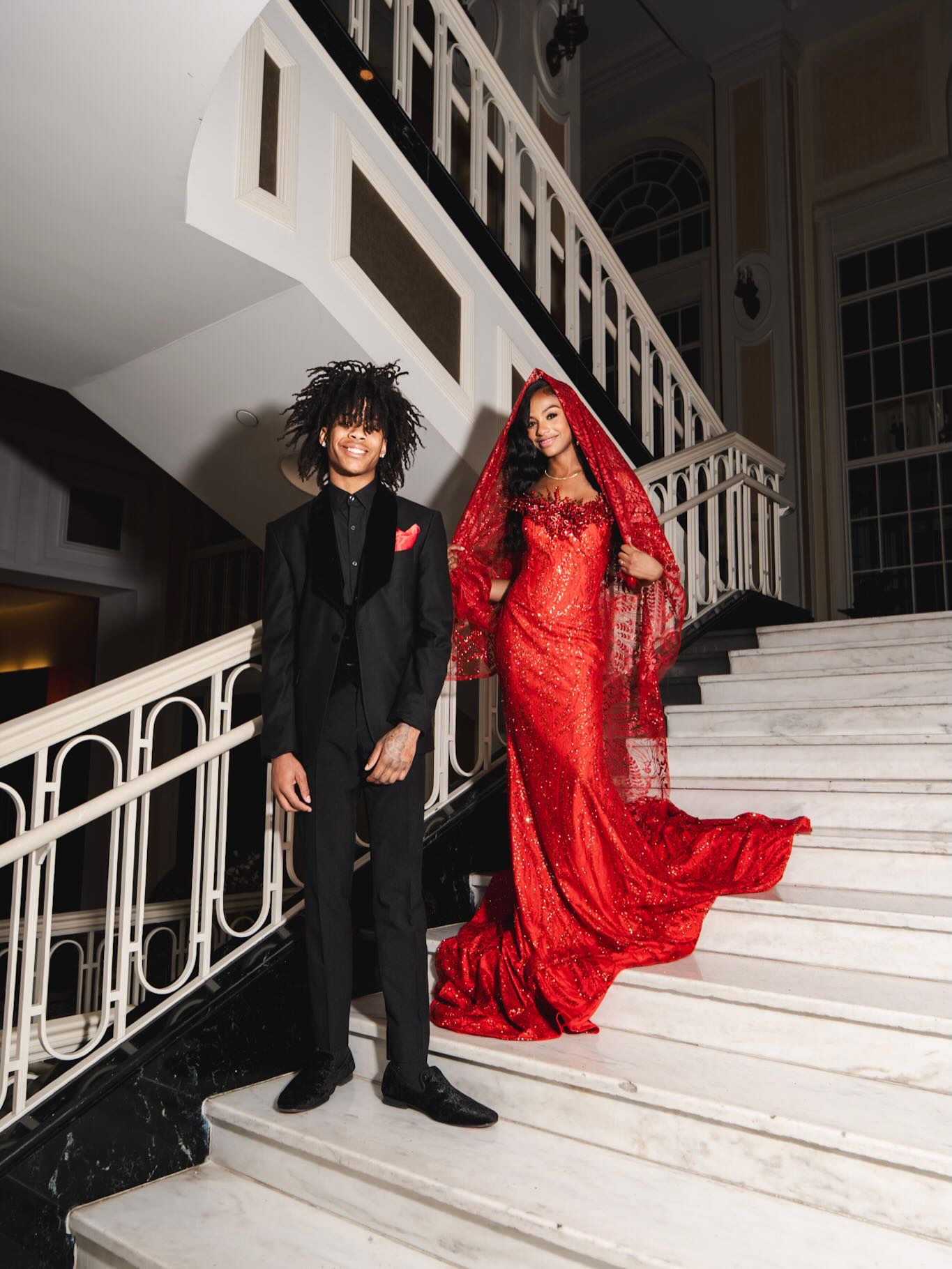 Luxury Red Sequin Beaded Strapless A-Line Prom Dress with 3D Floral Appliqué & High Slit