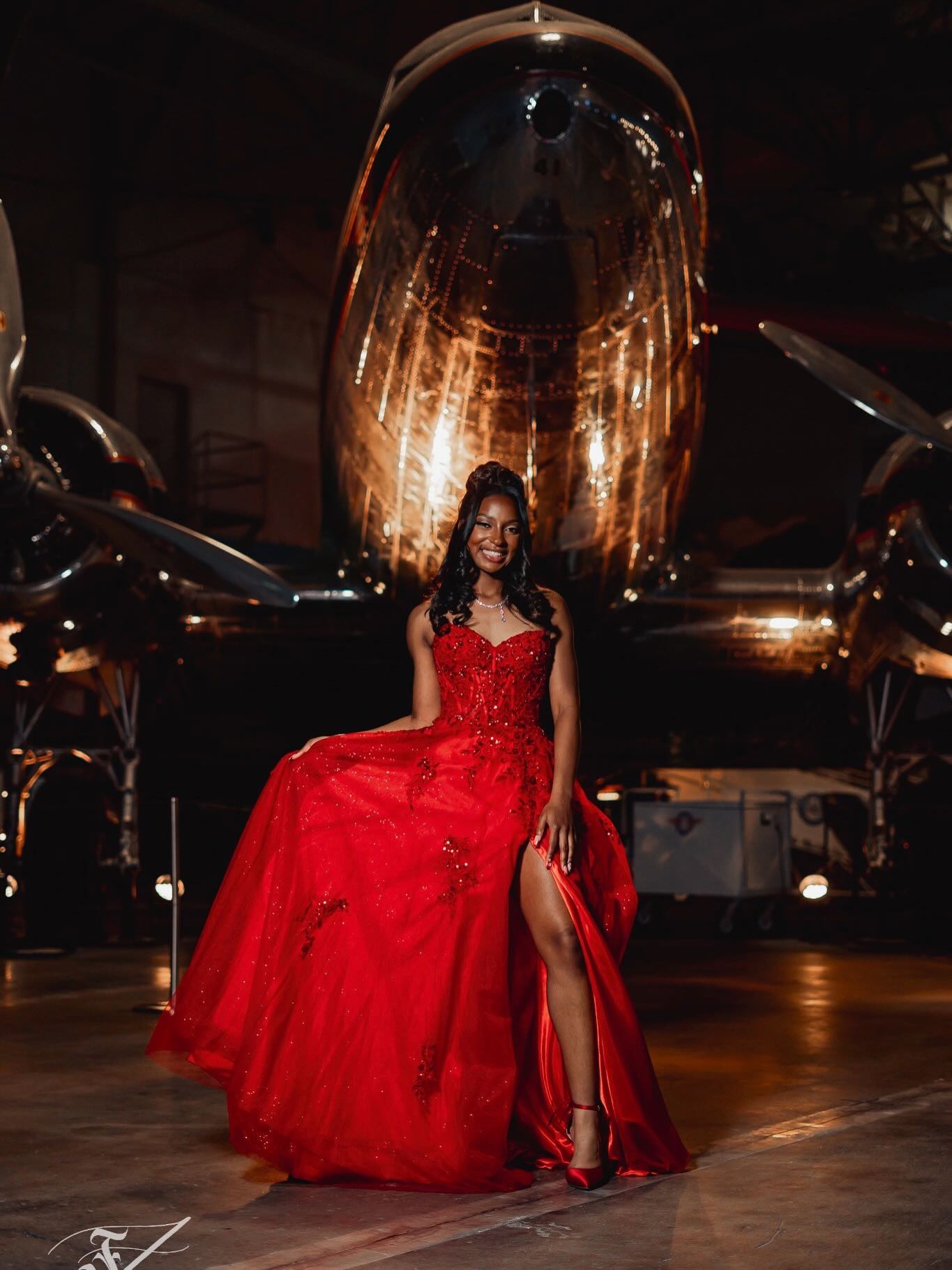 Red Sequin Beaded Strapless A-Line Prom Dress with 3D Floral Appliqué & High Slit