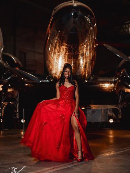 Red Sequin Beaded Strapless A-Line Prom Dress with 3D Floral Appliqué & High Slit