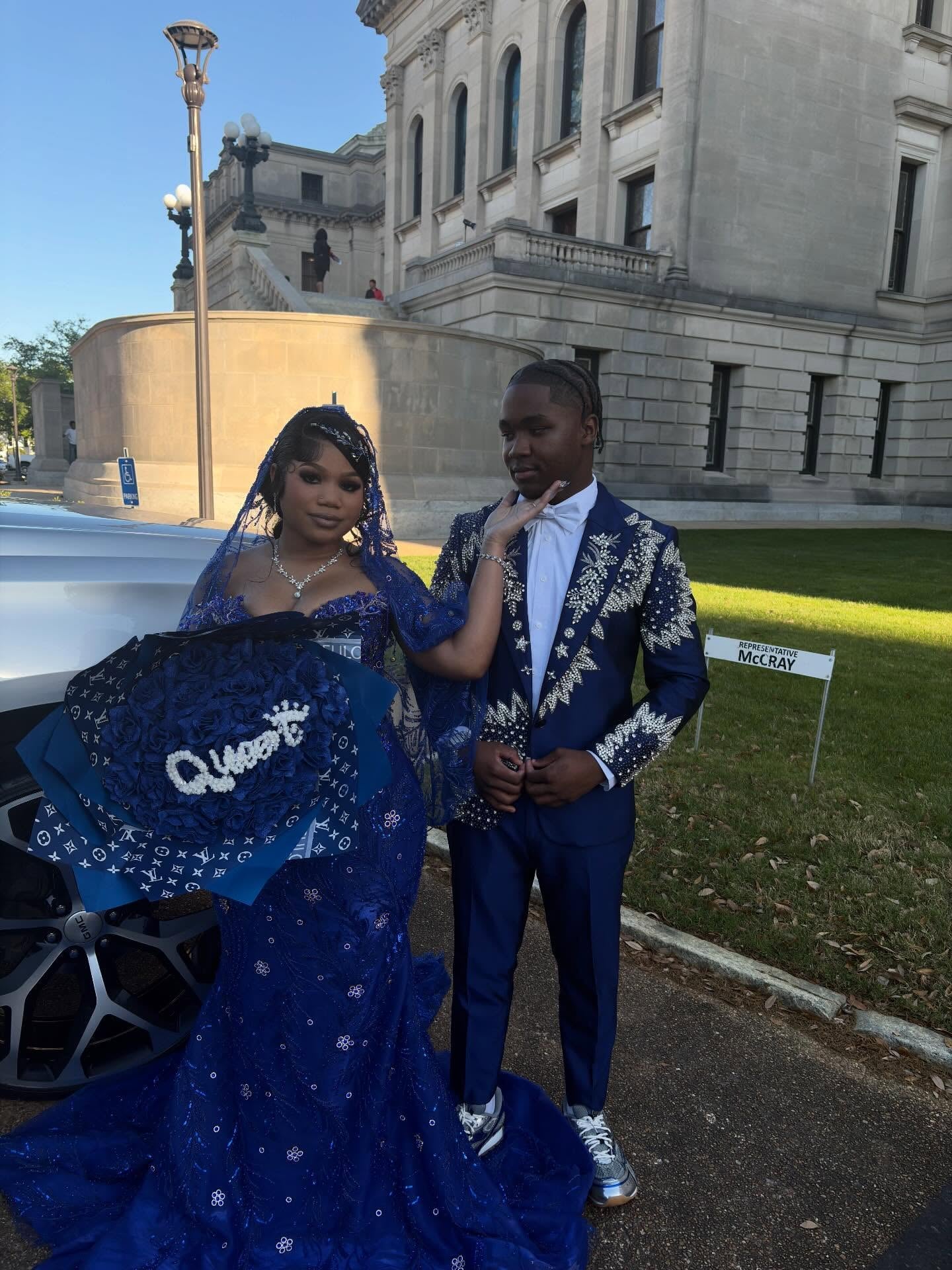 Royal Blue 3D Rose Floral Crystal Beaded Long Sleeve Mermaid Prom Dress with Custom Cathedral Train and Veil