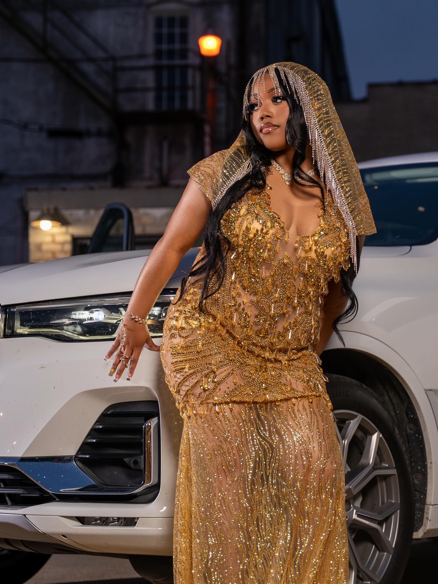 Gold Sequin Beaded Sheer Mermaid Prom Dress with Crystal Fringe Cap Sleeves & Cathedral Train