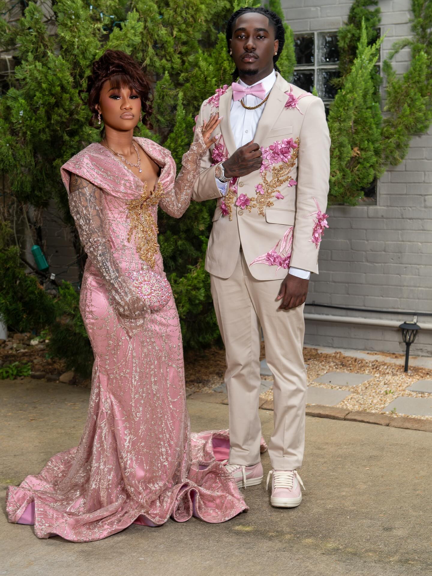 Blush Pink Gold Sequin Lace Off-Shoulder Long Sleeve Mermaid Prom Dress with 3D Floral Bodice