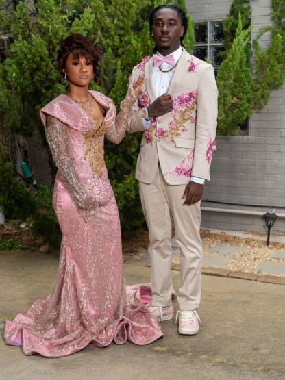 Blush Pink Gold Sequin Lace Off-Shoulder Long Sleeve Mermaid Prom Dress with 3D Floral Bodice