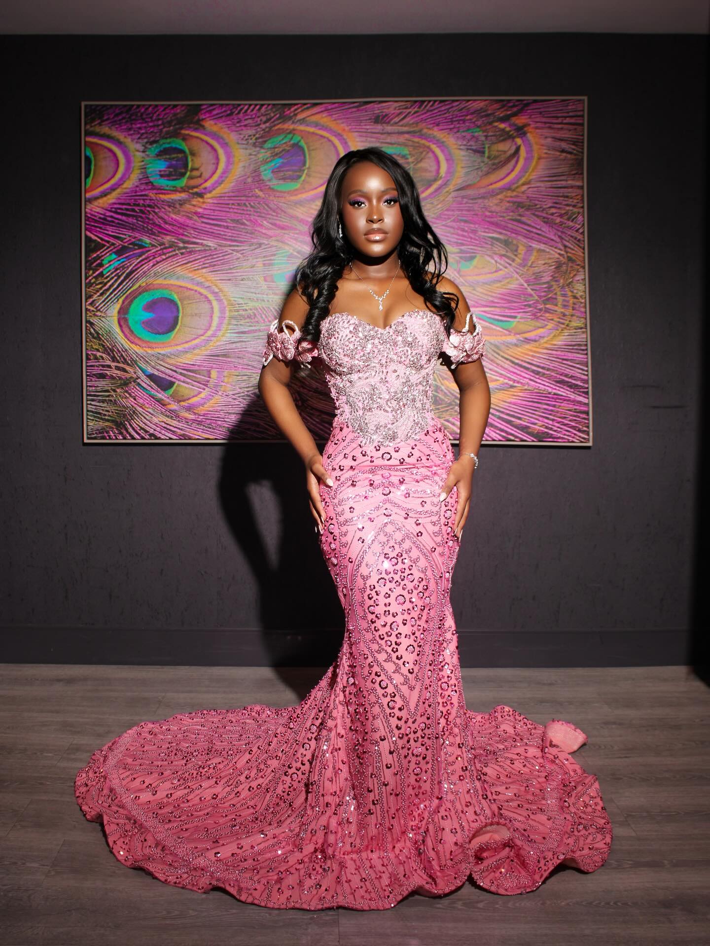 Hot Pink Off-Shoulder Crystal Beaded Mermaid Prom Dress with 3D Floral Applique
