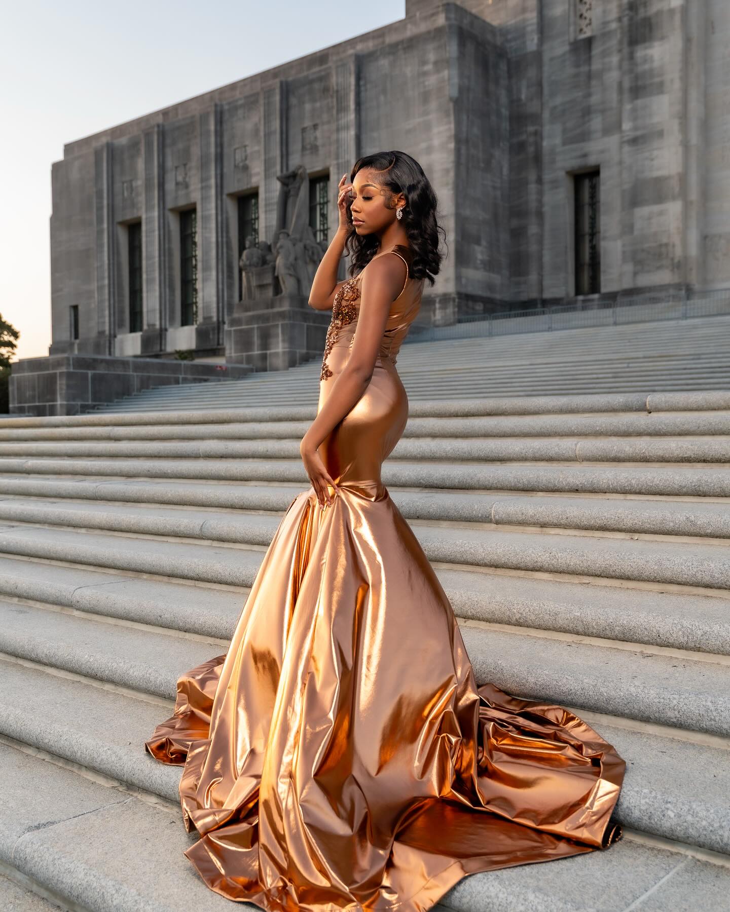 Copper Luxe - Metallic Satin Beaded Mermaid Prom Dress with Sheer Crystal Bodice-LLELLA